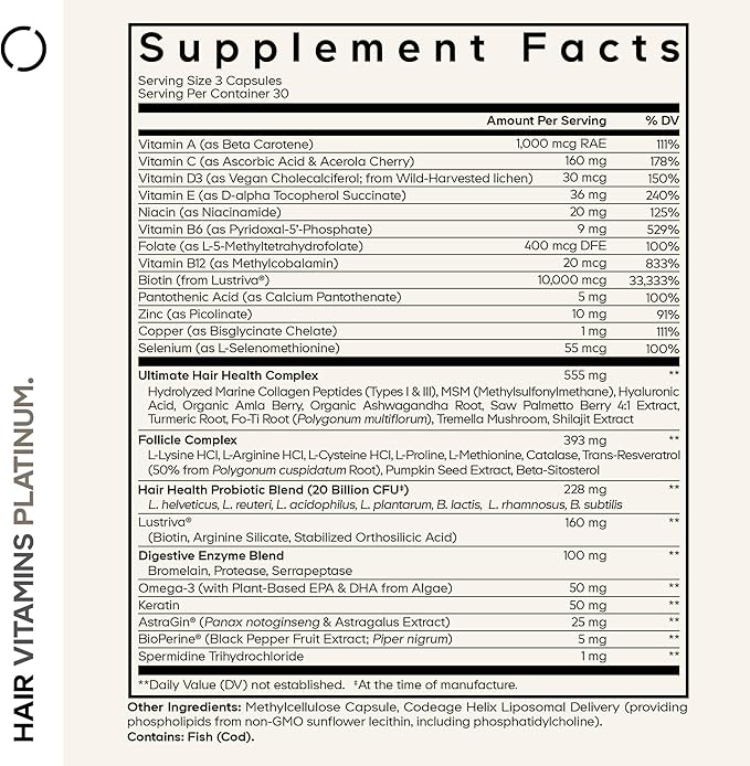 Codeage Hair Vitamins Platinum - Lustriva Hair Growth Support Spermidine AstraGin Biotin Keratin Collagen Enzymes Omega-3 Multivitamins Probiotics – Healthy Hair Supplement - 90 Capsules