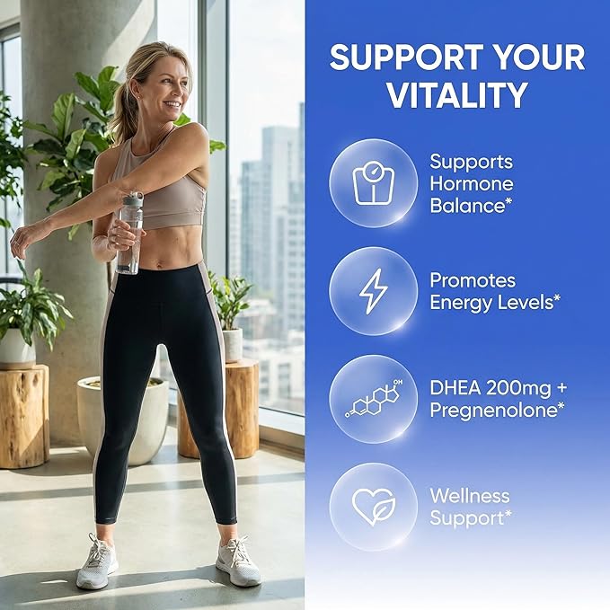 DHEA 200mg Supplement Pregnenolone 100mg for Men &amp Women with DIM Ashwagandha Boron 6mg Complex Calcium Magnesium Zinc 50mg Vitamin D3 5000 IU Hormone Support Capsules Pills Made in USA 60 Count