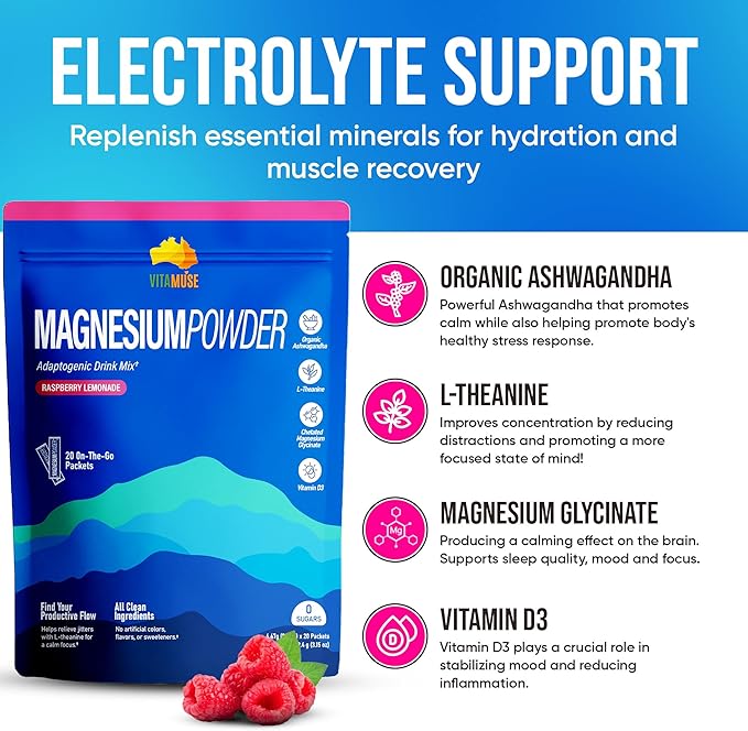 VITAMUSE Adaptogenic Magnesium Drink Mix Raspberry Lemonade Flavor 20 Packets with Ashwagandha L-Theanine Vitamin D3