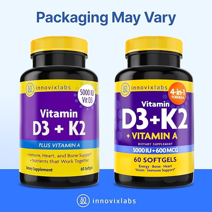 InnovixLabs Vitamin D3 K2-5000 IU Vitamin D3 Plus 600 mcg Vitamin K2 MK4 and MK7 for Max Calcium Absorption Supports Bone Immune Heart Health 3rd Party Tested Gluten Free 60 Softgels