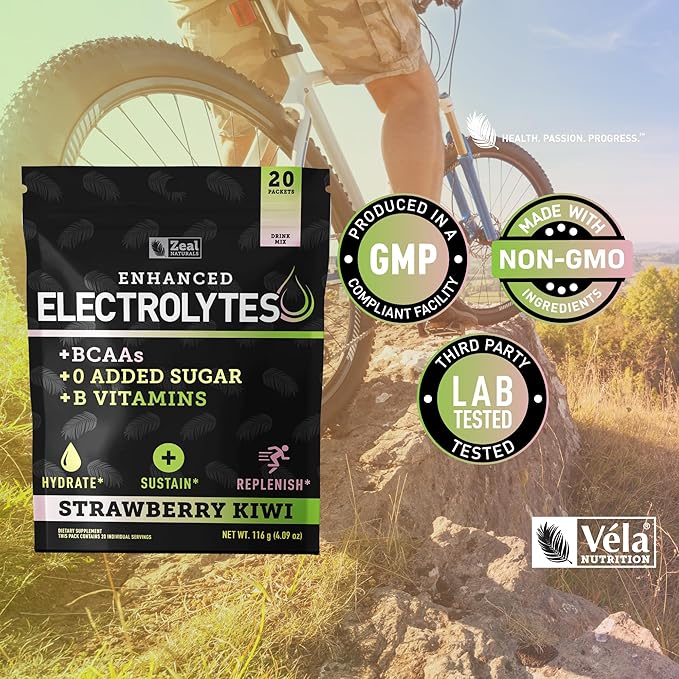 Enhanced Electrolyte Powder Stick Packs (Strawberry Kiwi | 20 Packets) w/ 0 Sugar +BCAAs +B-Vitamins Electrolyte Supplement w Potassium Zinc &amp Magnesium for Hydration - Keto Electrolytes