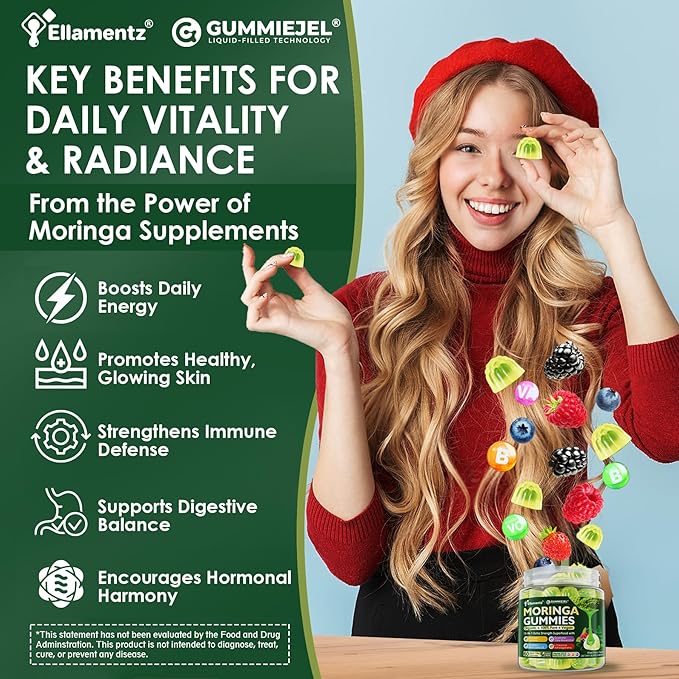 Moringa Gummies 1000mg for Women &amp Men Sugar-Free 13-in-1 Superfood with Turmeric Ashwagandha Trans-Resveratrol VB12 D3 Pure Moringa Leaf Supplement for Energy Immune SkinAntioxidant 60 C