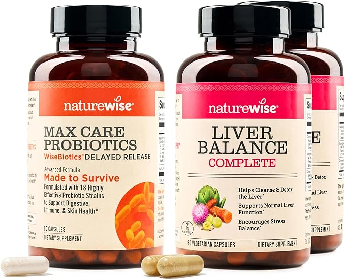 NatureWise [1] Max Probiotics 30 Billion CFU + Organic Prebiotic - 60 Capsules[2-Month Supply] + (Pack of 2) Liver Balance - Milk Thistle Dandelion Turmeric - 60 Capsules[30-Day Supply]
