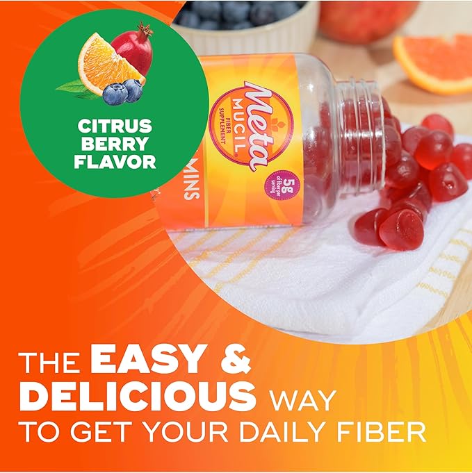 Metamucil Fiber Gummies for Adults with Vitamins C D B12 for Metabolism No Sugar Added Citrus Berry Flavor 5g Plant Based Prebiotic Fiber Supplement Blend 120 Count