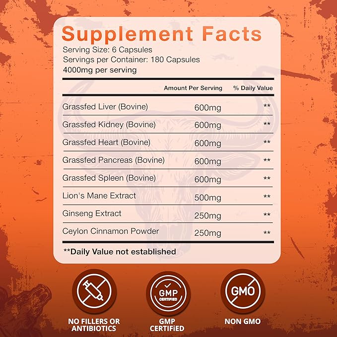 Grass Fed Beef Organ Supplement - Supports Immunity &amp Vitality - Beef Organ Complex for Men &amp Women - Superfood Blend with Lions Mane &amp Cinnamon - Pasture Raised - 180 Capsules