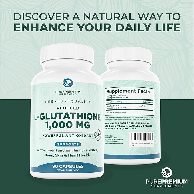 PurePremium Reduced Glutathione 1000mg per Serving – 98% Purity – L-Glutathione Supplement 500mg per Capsule – Antioxidant Supplement for Liver Detox Skin Brain &amp Immune Support – 45-Day Supply