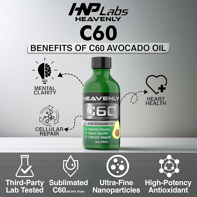 HNP Labs C60 Avocado Oil Cold Pressed Organic - Boost Energy Mental Clarity Slow Aging Naturally and Performance - 99.99% Sublimated C60 USA Made Organic Avocado Oil – GMP Certified for Safety