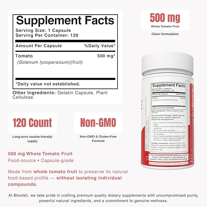 Lycopene Supplement Capsules 500mg – Tomato Fruit Powder with Natural Lycopene for Antioxidant &amp Daily Wellness Support | Gluten Free Non-GMO (120 Count (Pack of 1))