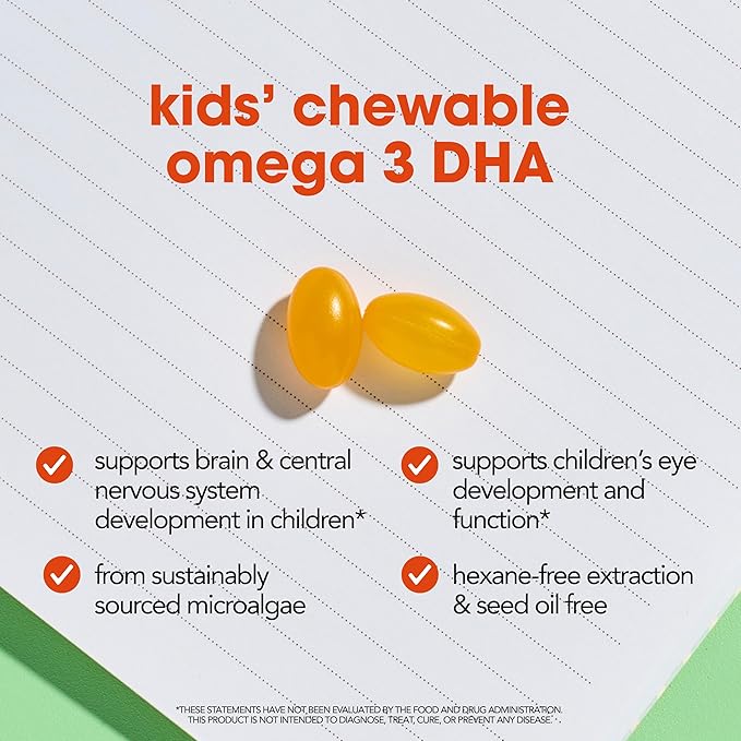 I'm Nutrients Brain DHA Algae Omega 3 Supplement for Kids | Supports Brain Development | Promotes Healthy Eye Function | Naturally Flavored | 60 Chewable Soft Gelatin Capsules
