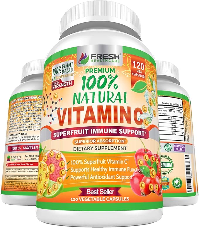 Fresh Healthcare Whole Food Vitamin C 500mg - Natural Supplement from Rose Hips Acerola Cherry &amp Camu Camu - with Citrus Bioflavonoids for Immune Support - 120 Vegan Capsules