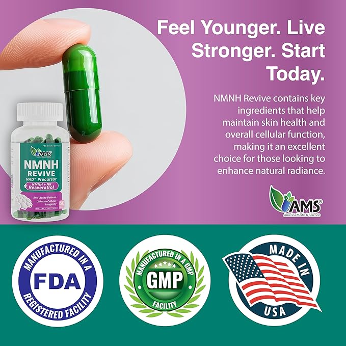 America Medic &amp Science NMNH Revive – Dual NAD+ Precursor Supplement for Longevity Healthy Aging Energy Metabolic Function Skin &amp Cellular Health – 60 Capsules for Daily Vitality