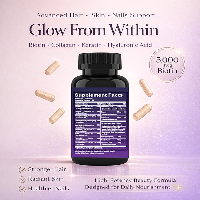 Biotin 5000 mcg Capsules with Collagen &amp Keratin B-Complex Vitamins B1 B2 B3 B5 B6 B12 Hair Skin Nail Support Formula 60 Capsules