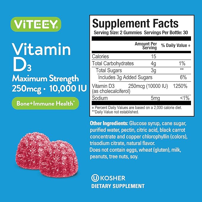 VITEEY Vitamin D3 Gummies for Adults &amp Teens - 10000 IU 250mcg Maximum Strength - Joint &amp Muscle Health Immune Boost - Chewable Vitamin D Gummies - Vegetarian Gelatin Free - Tasty Berry F