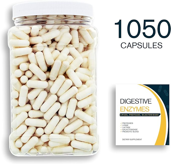 Digestion Aid - 1050 Count Blend of Digestive Enzymes and Key Probiotic Strains in a Clear Square Grip Jar