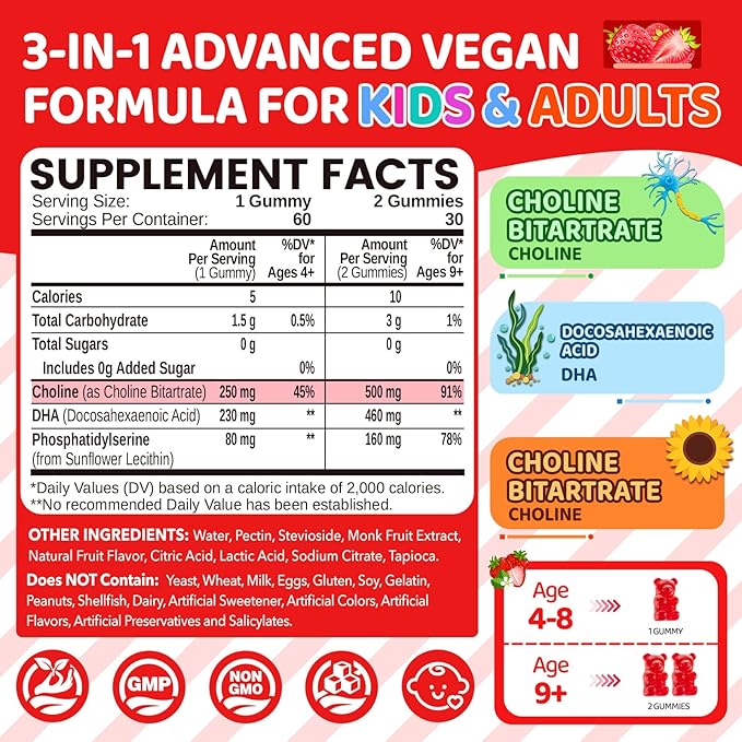 Choline Gummies for Kids &amp Adults Choline Supplements 500mg with DHA Phosphatidylserine for Brain Health Focus Immune Support Sugar-Free Vegan Strawberry Flavor 60 Gummies