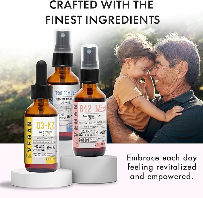 Energy &amp Vitality Bundle Liquid Vitamin Spray Trio - B12 Methylcobalamin Iron Bisglycinate and D3 (Lichen) &amp K2 (MK4 &amp MK7) Non-GMO Gluten Free Sugar-Free 2 Fl Oz (60 ml) 540 Days Su