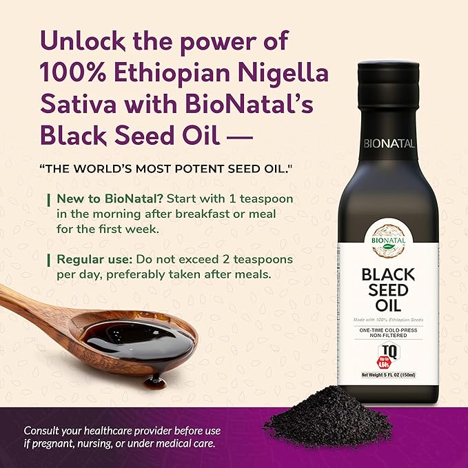 BioNatal Ethiopian Black Seed Oil 5oz Glass– Cold Pressed Nigella Sativa Producing Black Cumin Seed Oil Unrefined &amp Non-Filtered High TQ Up to 4.64% – Supports Immune System Digestion &amp Joi