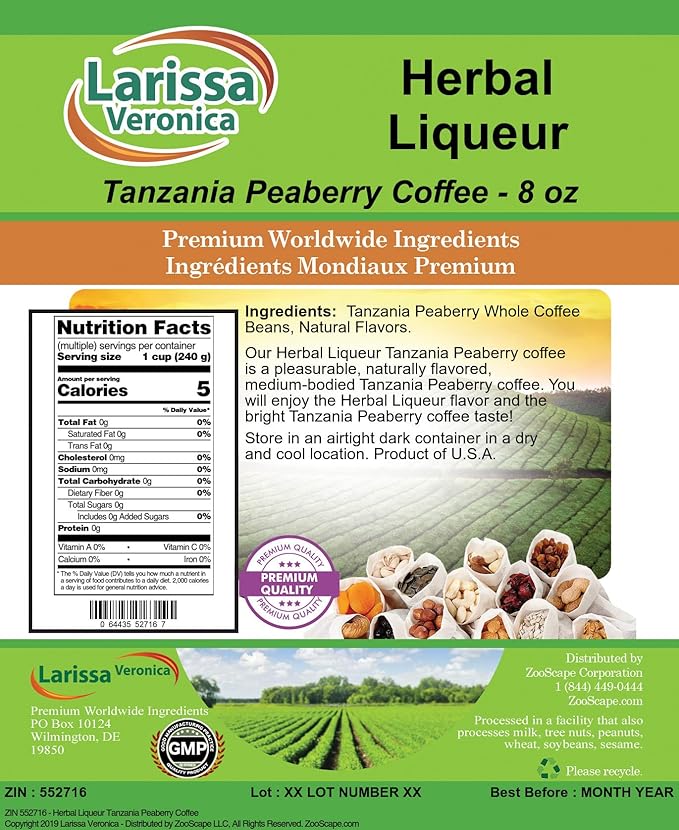 Herbal Liqueur Tanzania Peaberry Coffee (Gourmet Naturally Flavored Whole Coffee Beans) (8 oz ZIN: 552716) - 2 Pack