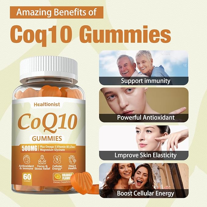 2 Pack 500MG Coq10 Gummies - 3X Better Absorption Plus Omega-3 Magnesium Vitamin B3 &amp Zinc - Coenzyme Q10 Supplements for Heart Health Cellular Energy &amp Antioxidant Vegan 120 Counts