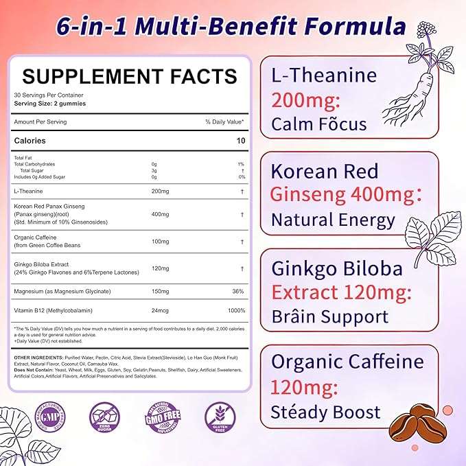 Vegan L-Theanine Gummies 200mg with Caffeine(100mg) Korean Red Ginseng &amp Ginkgo Biloba- Brain Supplement for Focus Memory &amp Energy Sugar-Free No Jitters 120 Counts