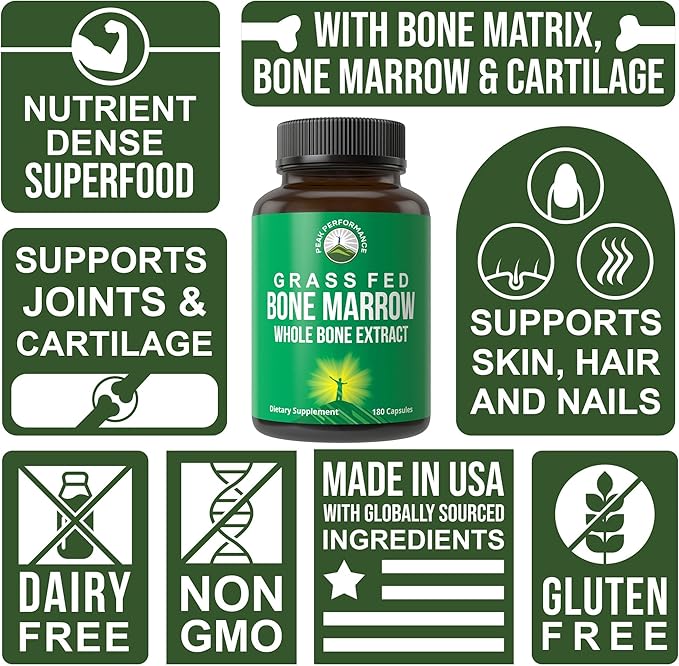 Peak Performance Grass Fed Bone Marrow - Whole Extract Supplement 180 Capsules - Superfood Pills Rich in Collagen Vitamins and Amino Acids - from Matrix Cartilage - Ancestral Tablets