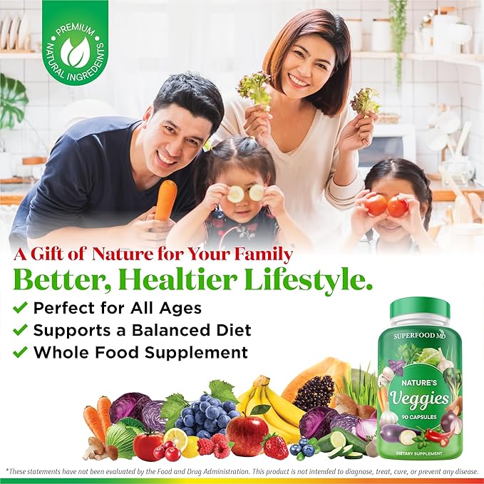 Superfood MD Veggies Supplement - 90 Veggie Capsules - Supports Energy Levels Beta Carotene Vitamins &amp Minerals - Soy Free - 90 Count