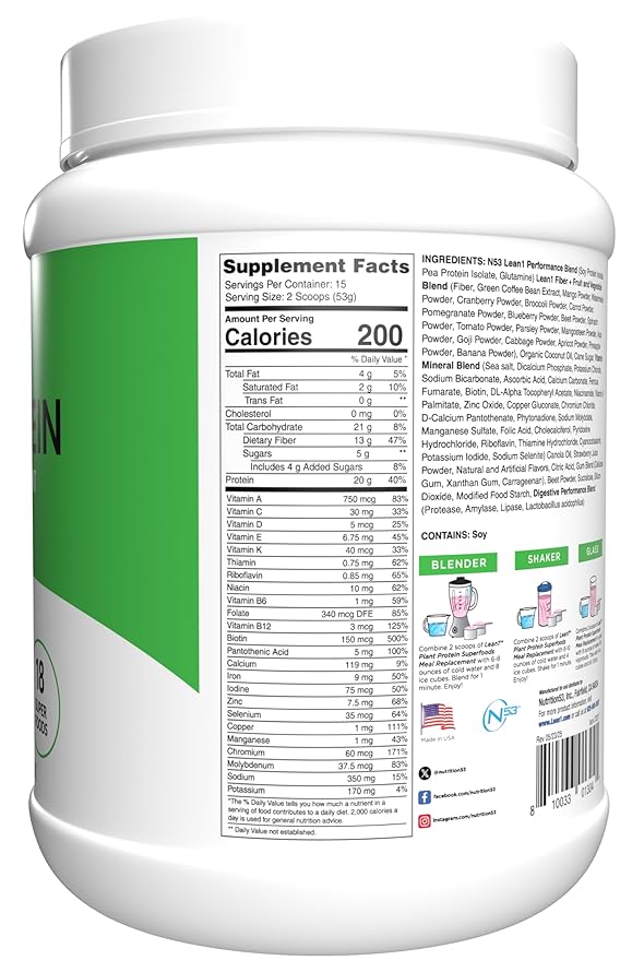 Lean1 Plant Based Protein Powder Meal Replacement strawberry flavor 15 serving