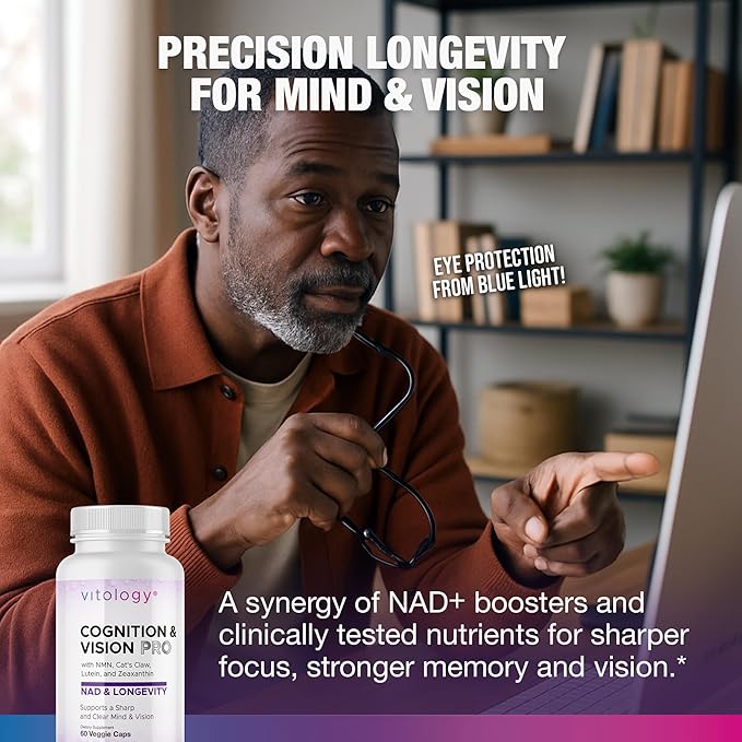 NAD &amp Longevity: Cognition &amp Vision PRO – NMN + NR + PQQ + Lion’s Mane + Lutein + Zeaxanthin – Supports Healthy Cognitive &amp Visual Function – 60 Veggie Capsules
