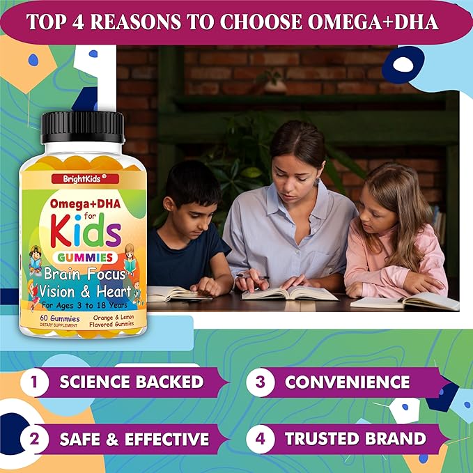 BrightKids Omega 3 Focus Gummies for Kids &amp Teens – Kids Focus and Attention Supplements for Memory &amp Learning – Focus Gummies for Teens Omega DHA Supplement Fruity Flavor (60 Gummies)