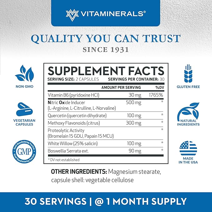 Vitaminerals 122 NOx NHF L-arginine L-citrulline L norvaline Plus B6 Quercetin White Willow Boswellia &amp Enzymes | 60 Veggie caps | 30 Servings