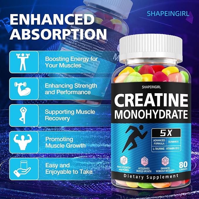 Creatine Monohydrate Gummies for Men &amp Women - Low Sugar Chewable Creatine Gummies