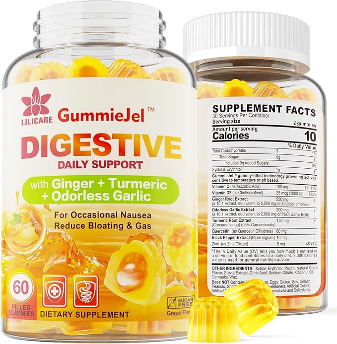 LILICARE Sugar Free Omega 3 Fatty Acid 2000mg With 640mg DHA &amp 290mg EPA Multivitamin CoQ10 Astaxanthin + Ginger Filled Gummies for Nausea - Stomach Relief - Ultra Absorption for Digestive Supp