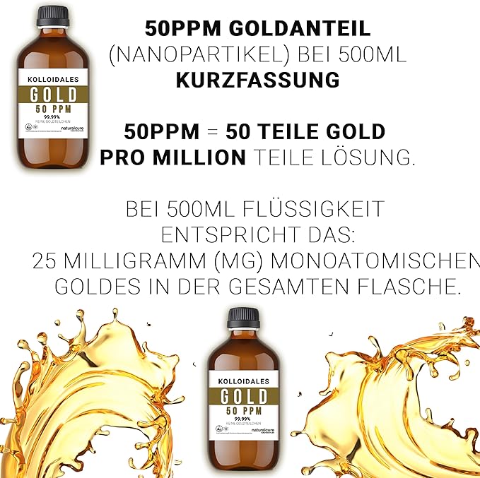 Colloidal Gold Solution - 50 PPM - 500ml - 99.99% Pure - High Purity - 24k - All Natural - Electrolysis Process - Glass Bottle - Ruby Red