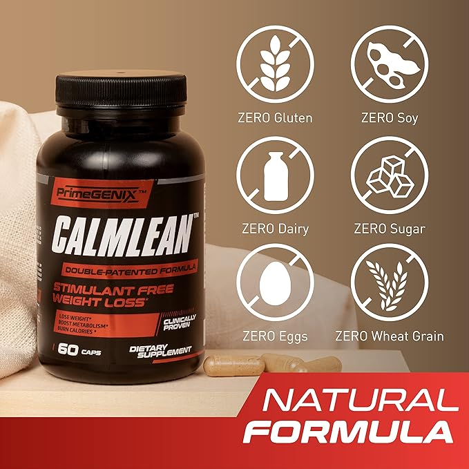PrimeGENIX CalmLean Stimulant-Free Fat Burner | Weight Loss Supplement for Men | Appetite Suppressant Metabolism Booster | Thermogenic Nutrients | Non-Stimulant Fat Loss Formula