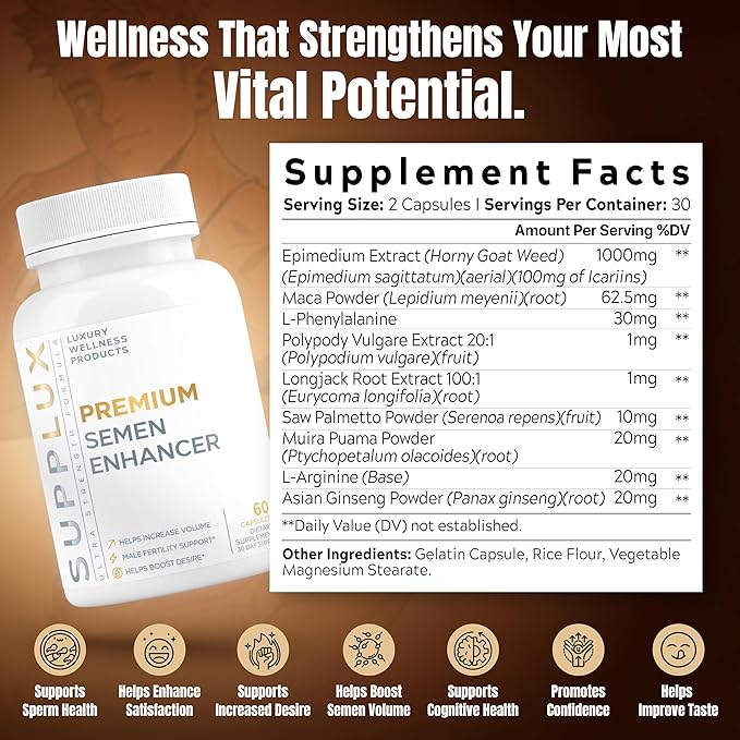 Semen Volume Enhancer for Men - Help Amplify Volume &amp Overall Health - Assists T-Levels for Male Vitality Blood Flow Support &amp Hard On Assistance - 3rd Party Tested Supplement - 60 Capsules