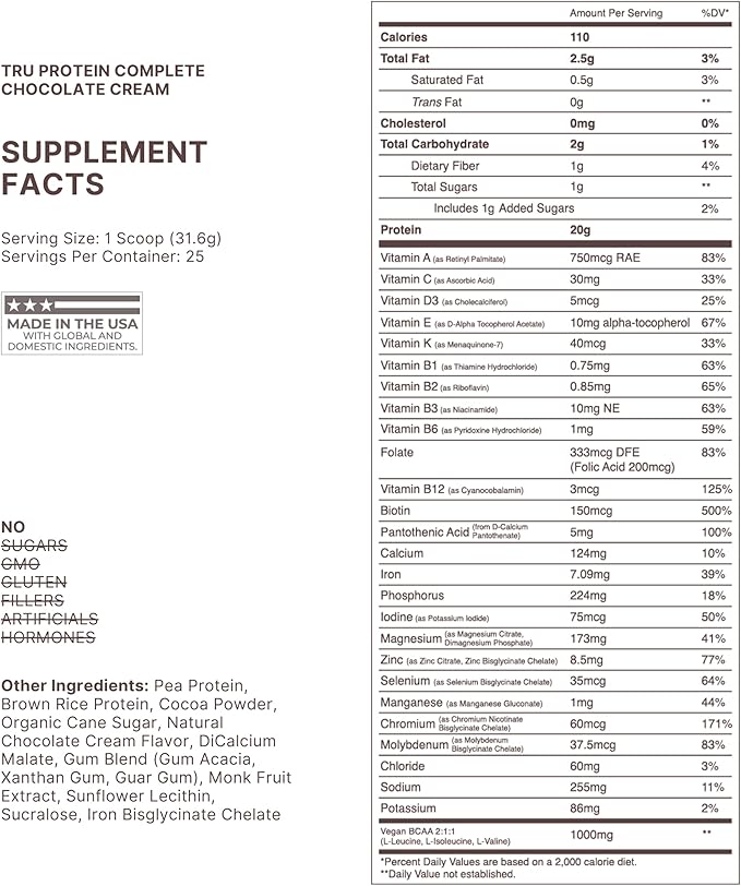 TRU Supplements Plant Based Protein Powder BCAA EAA 20g Vegan Brown Rice &amp Pea Protein 100 Calories 27 Vitamins No Artificial Flavors 25 Servings (Natural Chocolate Cream)