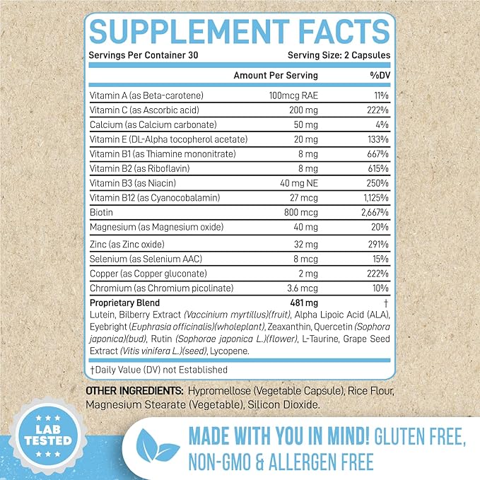 Lutein and Zeaxanthin Eye Health Supplement | Vision Support with Antioxidants Zinc Vitamin C &amp E | Helps Reduce Eye Strain Support Macular Health &amp Clarity | 60 Capsules | Made in USA