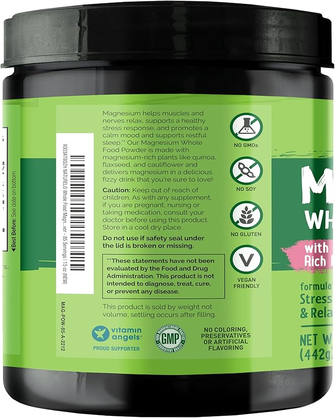 NATURELO Magnesium Powder - Whole Food Calm Magnesium Powder with Quinoa Cauliflower &amp Flaxseed for Stress Relief Raspberry Lemon 85 Servings 15oz (Pack of 2)