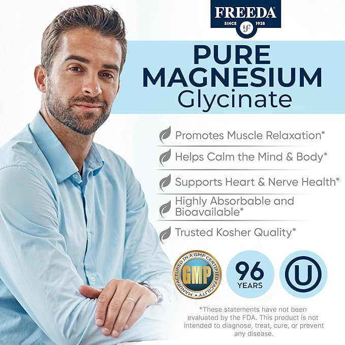 Freeda Magnesium Glycinate | High Absorption Chelated Magnesium | No Oxide | Supports Sleep Muscle &amp Nerve Function | Non-GMO Vegan Kosher | Gentle on Digestion | 180 Capsules