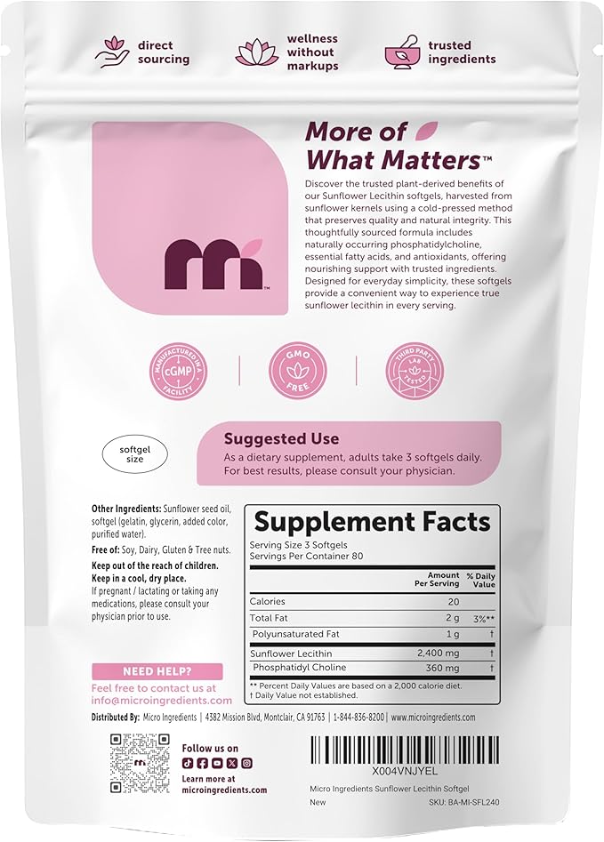 Micro Ingredients Sunflower Lecithin 2400mg 240 Softgels | Natural Sunflower Seed Oil Source with Phosphatidylcholine | Soy Free Lecithin Supplement | Non-GMO No Gluten