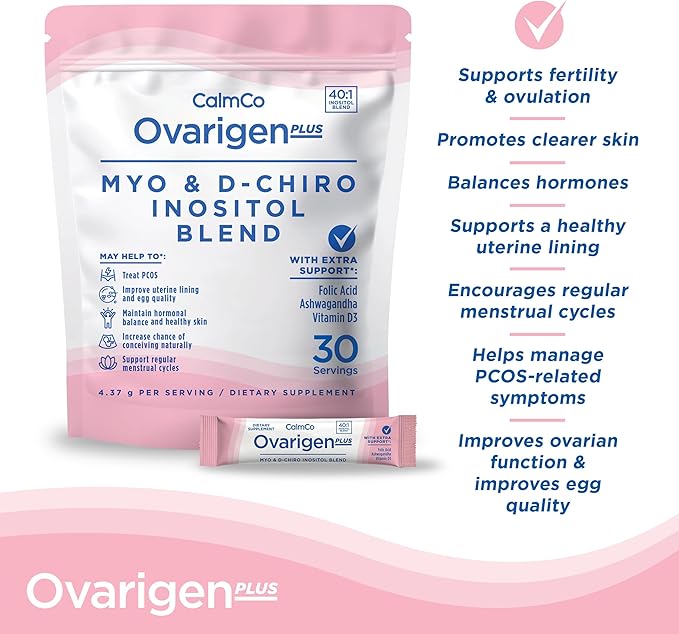 CalmCo Ovarigen Plus Myo-Inositol &amp D-Chiro Inositol Supplement for Women – 40:1 Powder with Folic Acid Ashwagandha &amp Vitamin D3 Fertility Supplements for PCOS Ovarian Support (30 Sachets)