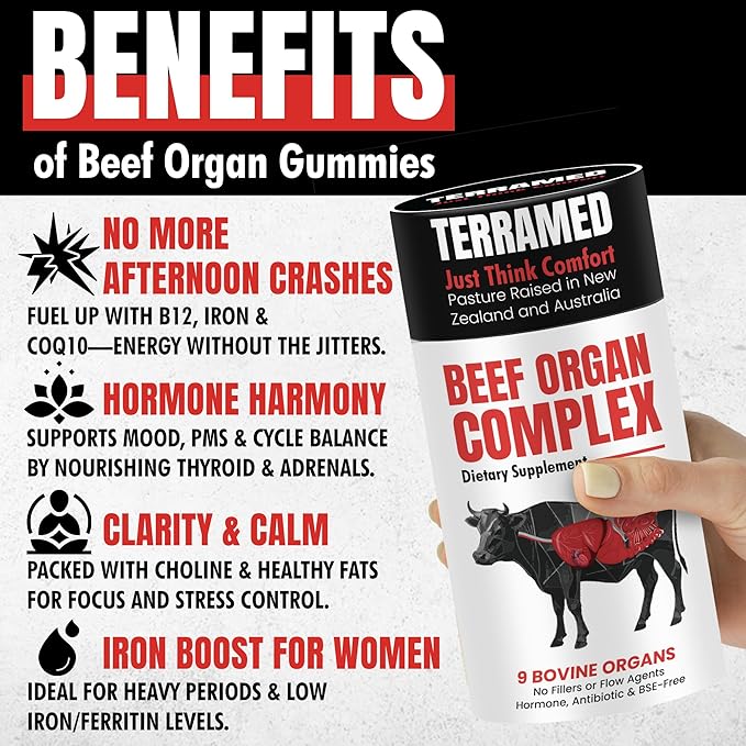 Beef Organ Supplement for Women | Grass Fed Beef Organs Liver Supplement | 9 Nutrient Rich Bovine Organs | Raised on New Zealand &amp Australian Pastures | No Fillers | Great Taste | 60 Gummies