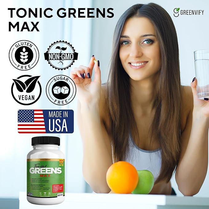 Tonic Greens Max Extra Strength Immune Support Supplement 60 Capsules with Elderberry Turmeric Probiotics (10)