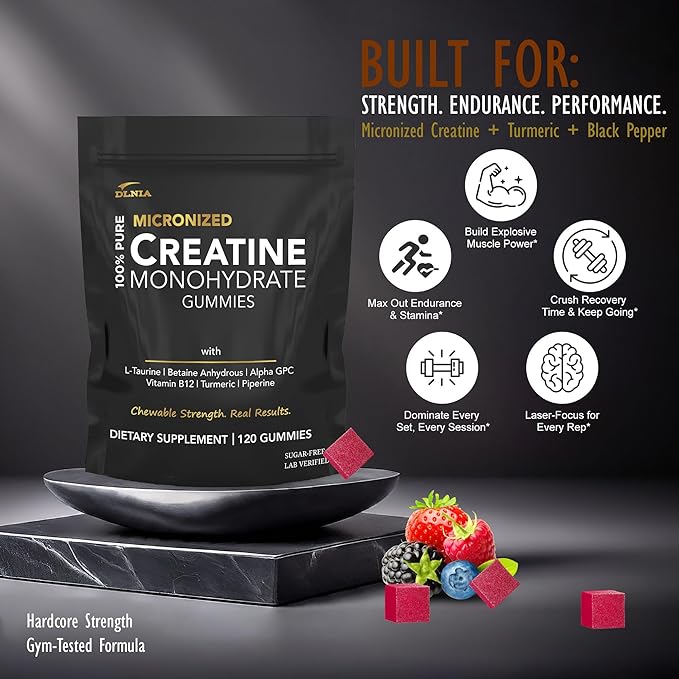 Creatine Monohydrate Gummies for Men &amp Women - Sugar Free &amp Vegan Advanced Formula W/L-Taurine + Vitamin B12 - for Muscle Strength Muscles Builder Recovery (120 Count (Pack of 1) Mixed Berr