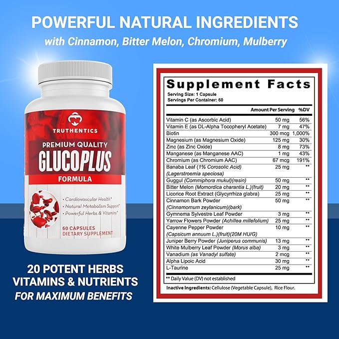 TRUTHENTICS GlucoPlus - 20 Herbs Vitamins &amp Minerals with Cinnamon Chromium Vanadium Bitter Melon Alpha Lipoic Acid Magnesium - Gluten Free Non-GMO - 60 Capsules