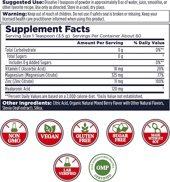 KAL Radiant Magnesium Powder Mixed Berry Flavor Hyaluronic Acid and Magnesium Supplement Skin &amp Antioxidant Support Sugar Free 60 Servings 7.3 OZ