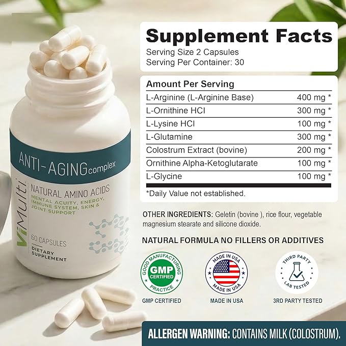 ViMulti Amino Acid Supplement Capsules with L-Arginine L-Ornithine HCl L-Glutamine L-Lysine Glycine Ornithine Alpha-Ketoglutarate Dietary Amino Formula for Women Men 60 Capsules