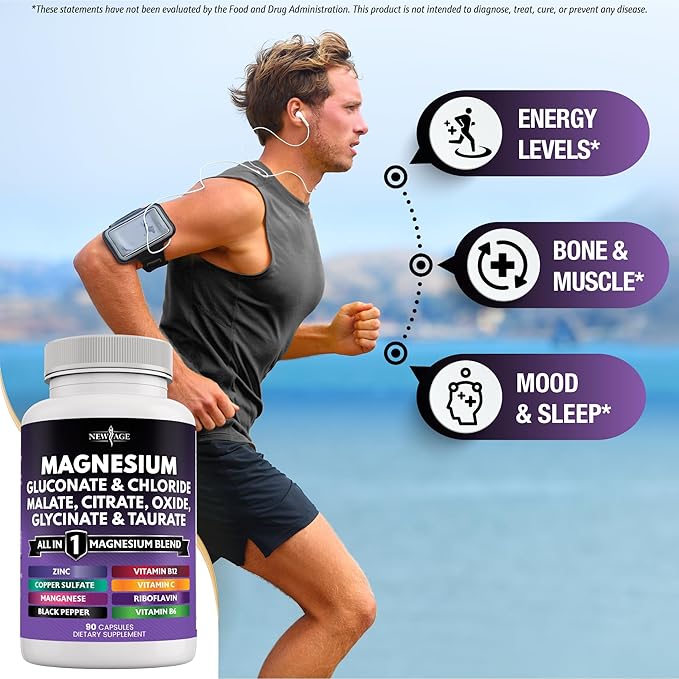 NEW AGE Magnesium Supplement -Powerful Glycinate Citrate Malate Oxide Taurate Aspartate Gluconate Orotate &amp Mag Chloride Manganese Bone Health and Bone Strength Joint Support- 270 Count