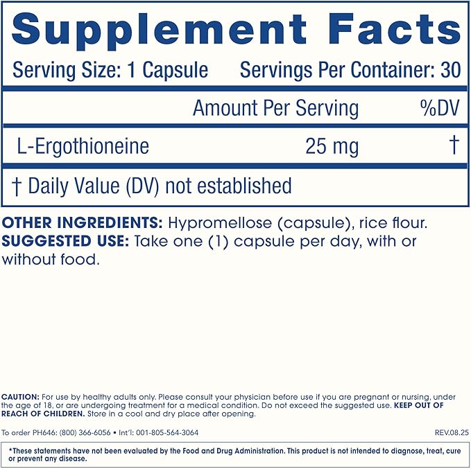 ProHealth Ergothioneine 5X Strength. 25mg Clinical Research Dose. Natural Amino Acid Mushroom Supplement for Improved Cognition Heart Health. Essential Longevity Vitamin. 25 mg/Serving 30 Servings