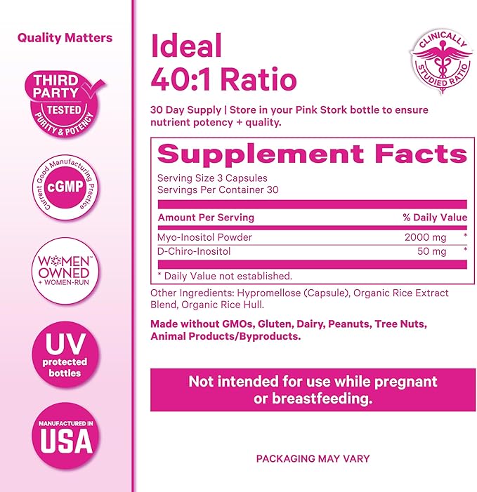 Pink Stork Myo-Inositol &amp D-Chiro Inositol Supplement - Hormonal Balance for Women - Ovarian Support - 40:1 Ratio - Fertility Supplements for Women - 180 Capsules 2 Month Supply